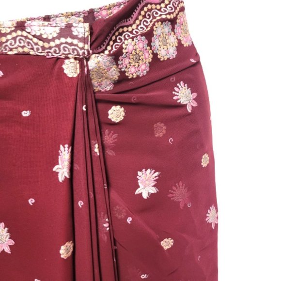 Maroon Saree Sequin Floral PRE SEWN Ready To Wear Saree Adjustable Waist - NEW - Picture 9 of 15